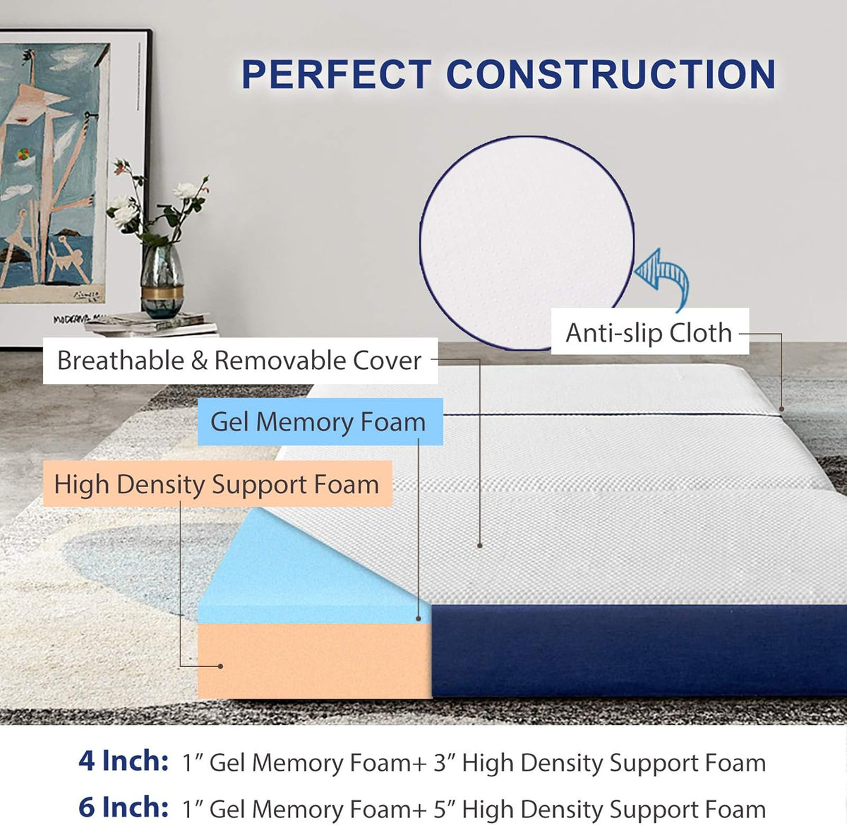 Tri-fold Memory Foam Mattress Topper with Washable Cover, Small Twin Size E5249