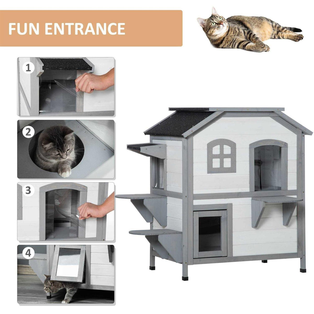 Wooden 2-Story Outdoor Cat House with Escape Door K7253