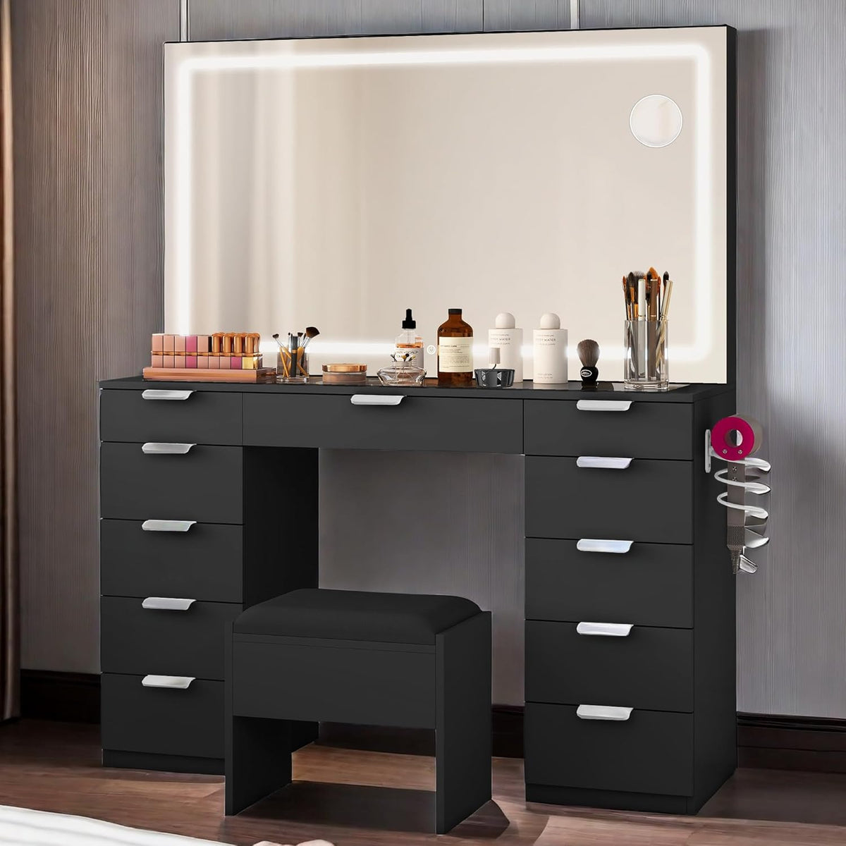 Black Vanity Desk with 11 Drawers and LED Mirror E87691