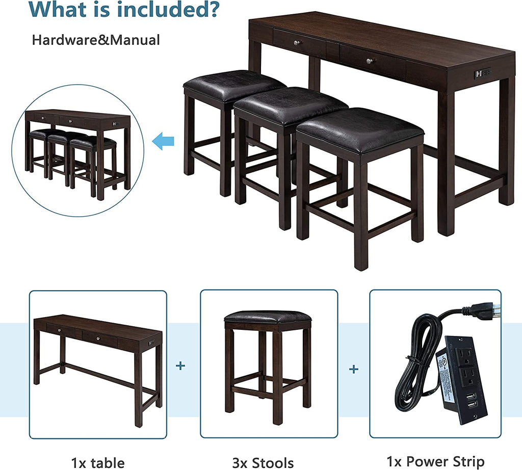 4-Piece Counter Height Dining Table Set with 3 PU Leather Padded Stools P195