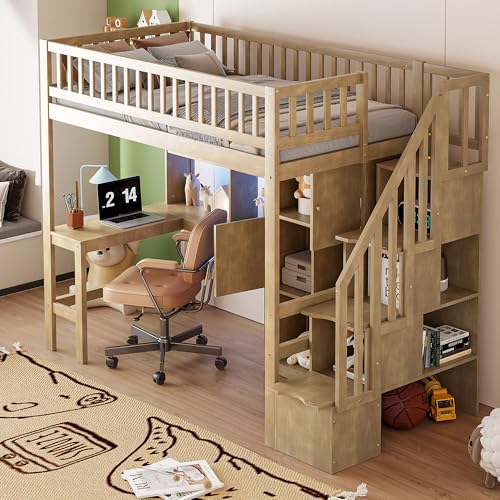 Twin Size Wood Loft Bed with Desk and Storage M4252
