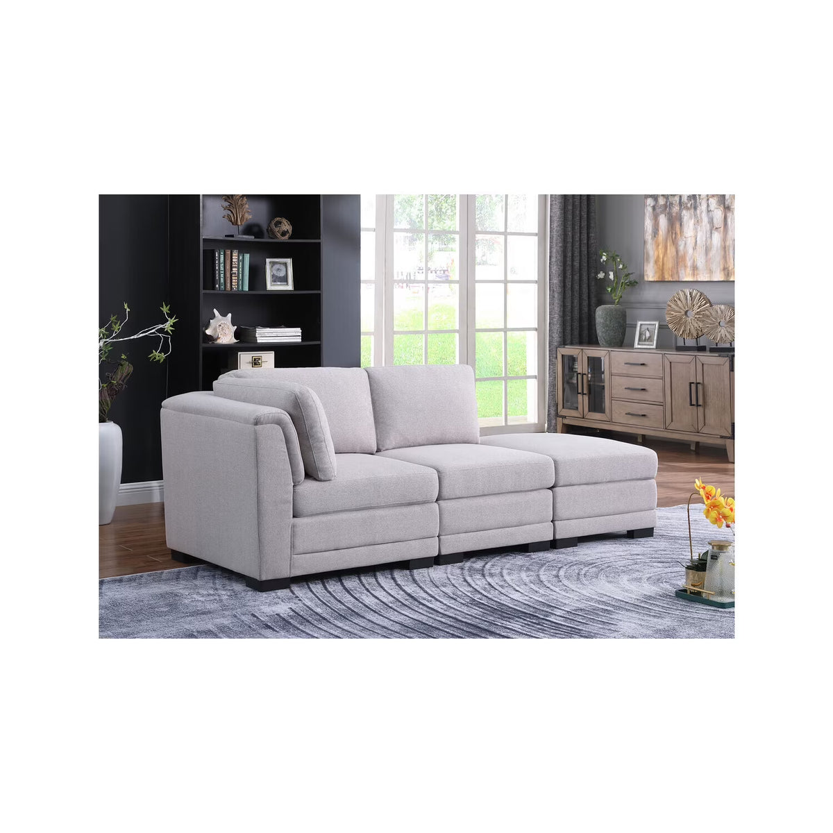 Light Gray Linen Fabric Reversible Sofa with Ottoman H842