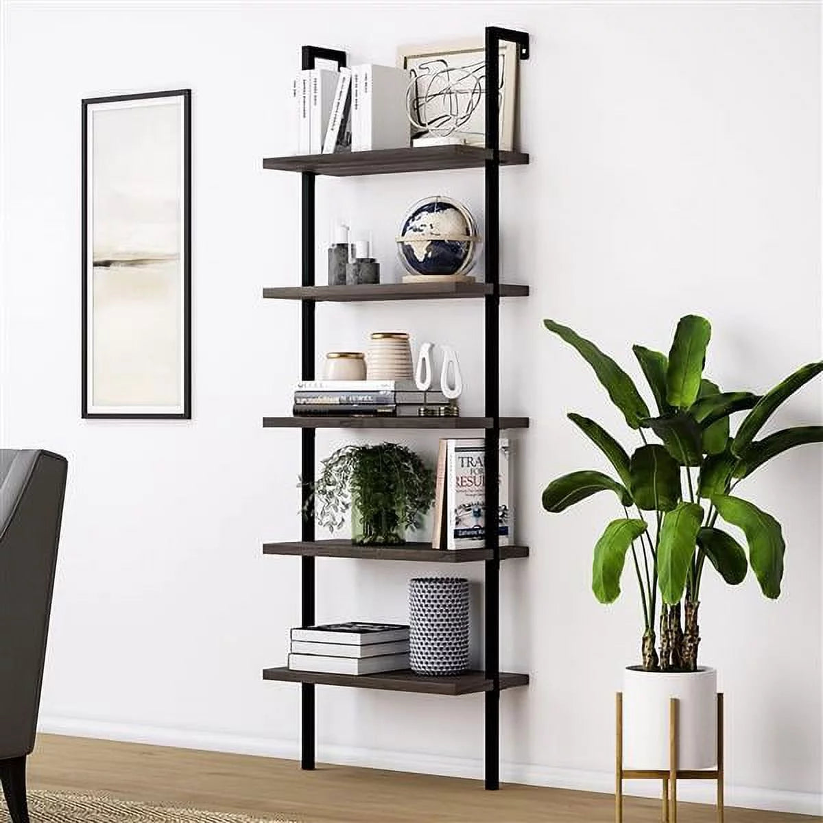 5-Shelf Wood Ladder Bookcase with Metal Frame A433