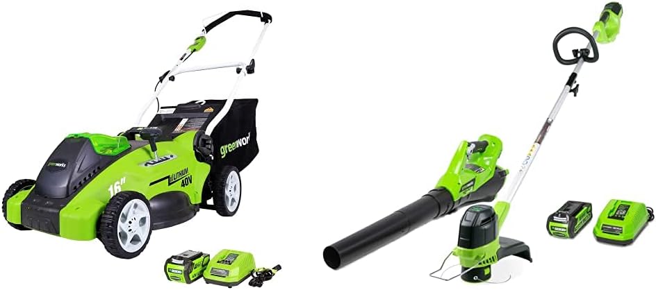 40v 16 inch Cordless Mower, String Trimmer and Blower Combo Kit with 2 Batteries and Charger H67578