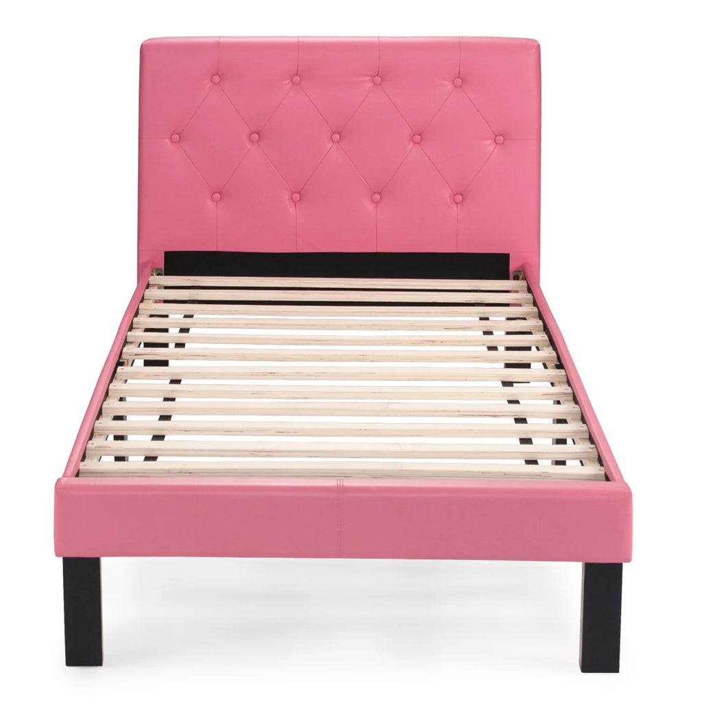 Twin Upholstered Bed Frame with Slats in Pink Faux Leather K983793