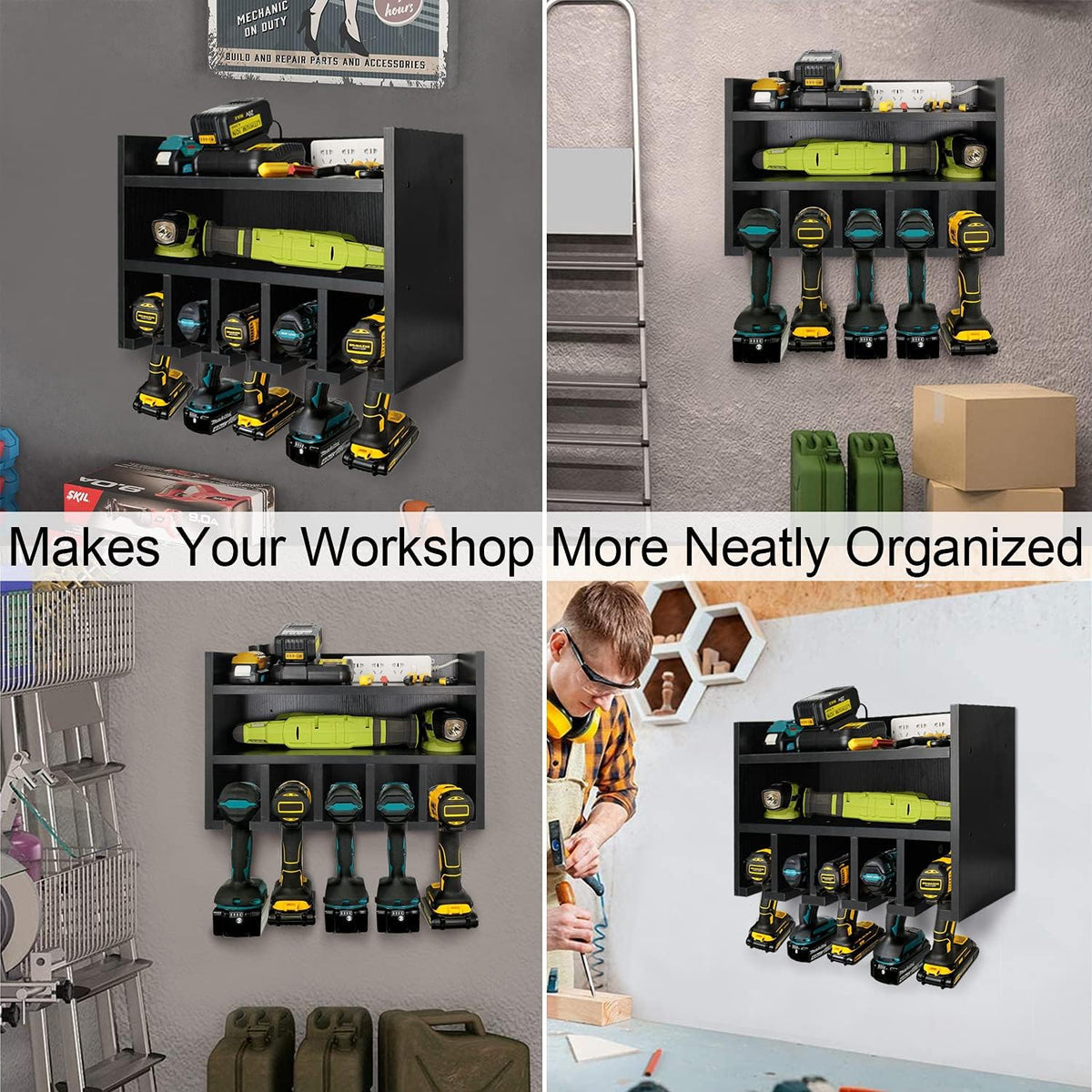 Black Pack of 2 Wooden Power Tool Organizer Wall Mount with Charging Station and 5 Hanging Slots O397