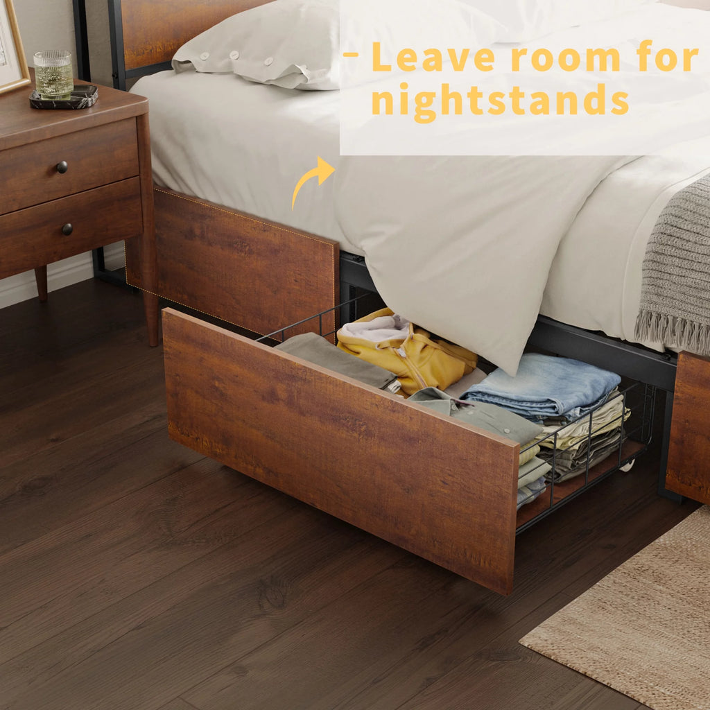 Queen Size Bed Frame with Headboard 4 Drawers LED Charging Station E78612