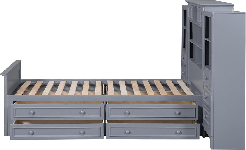 Gray Twin Size Wood Platform Bed Frame with Bookcase Headboard and 4 Drawers T1262