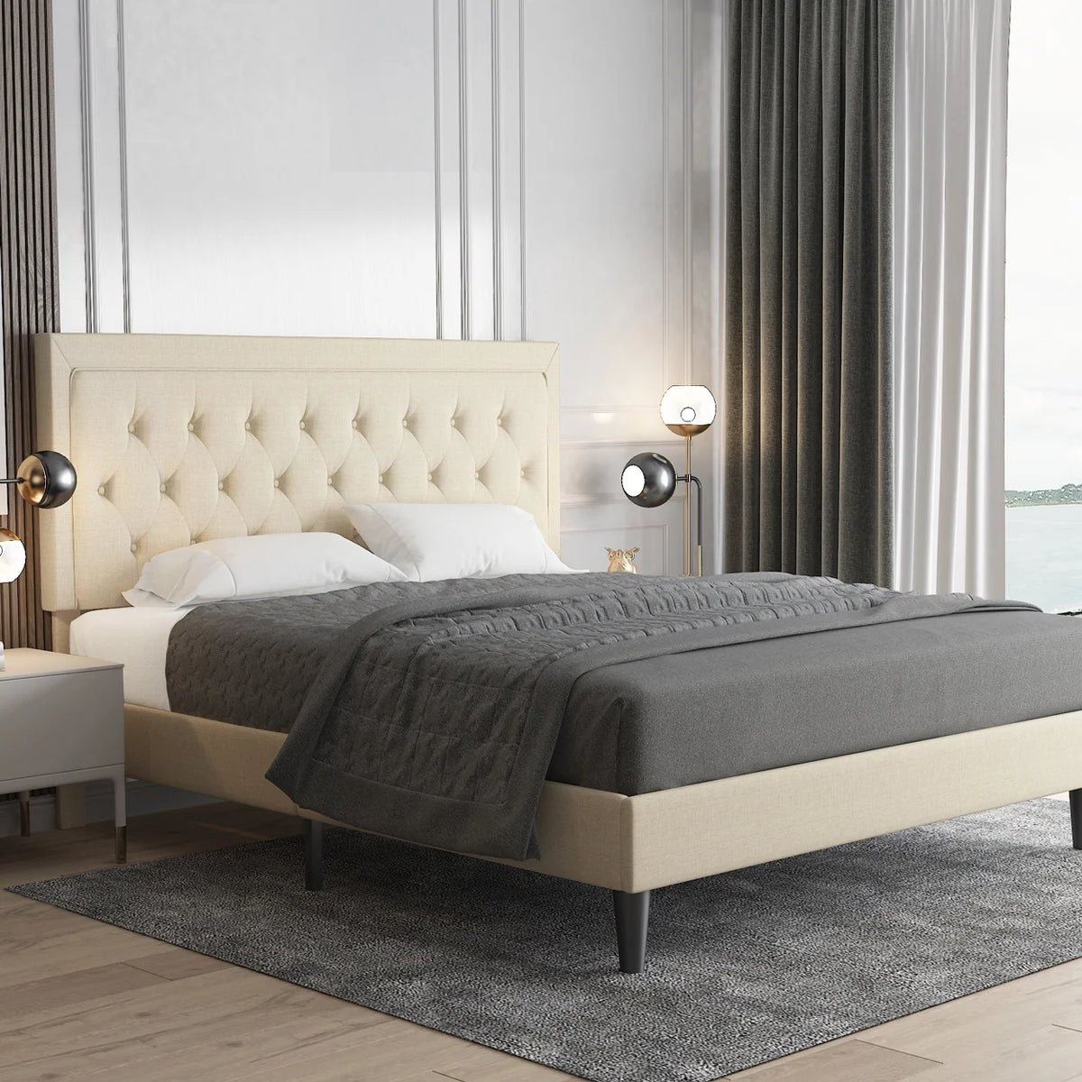 Queen Size Upholstered Platform Bed with Adjustable Headboard A8975