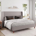 King Size White Linen Upholstered Platform Bed with Wingback Headboard O105617