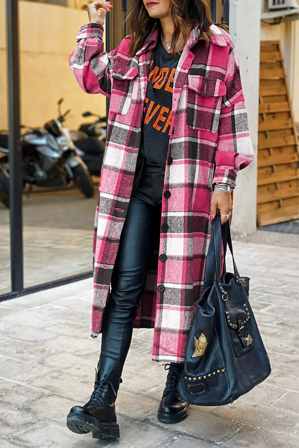 Plaid Button Pocket Shirt Collar Outerwear L9747