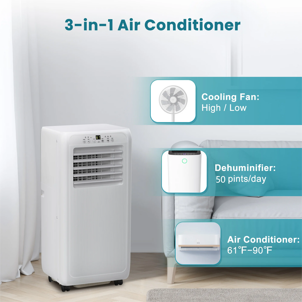 8000 BTU Portable Air Conditioner with Dehumidifier & Fan Mode, White K790001