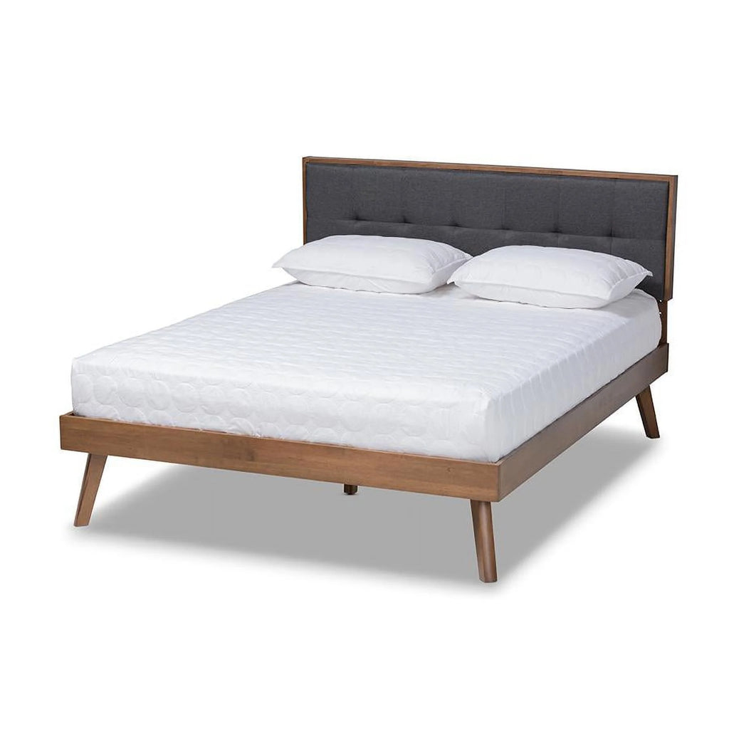 Light Grey Fabric Upholstered Walnut Brown Wood Queen Size Platform Bed O3864