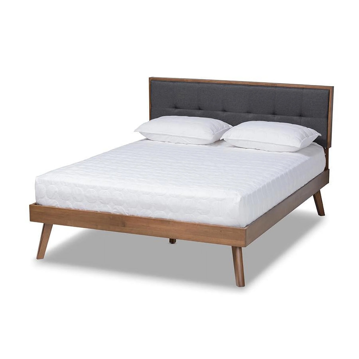 Light Grey Fabric Upholstered Walnut Brown Wood Queen Size Platform Bed O3864