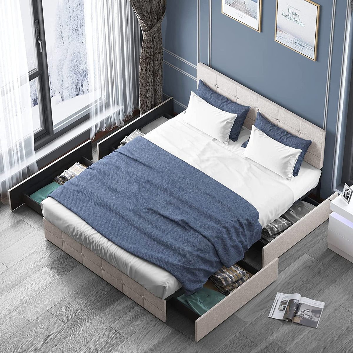 Queen Size Platform Bed Frame with 4 Storage Drawers T54504
