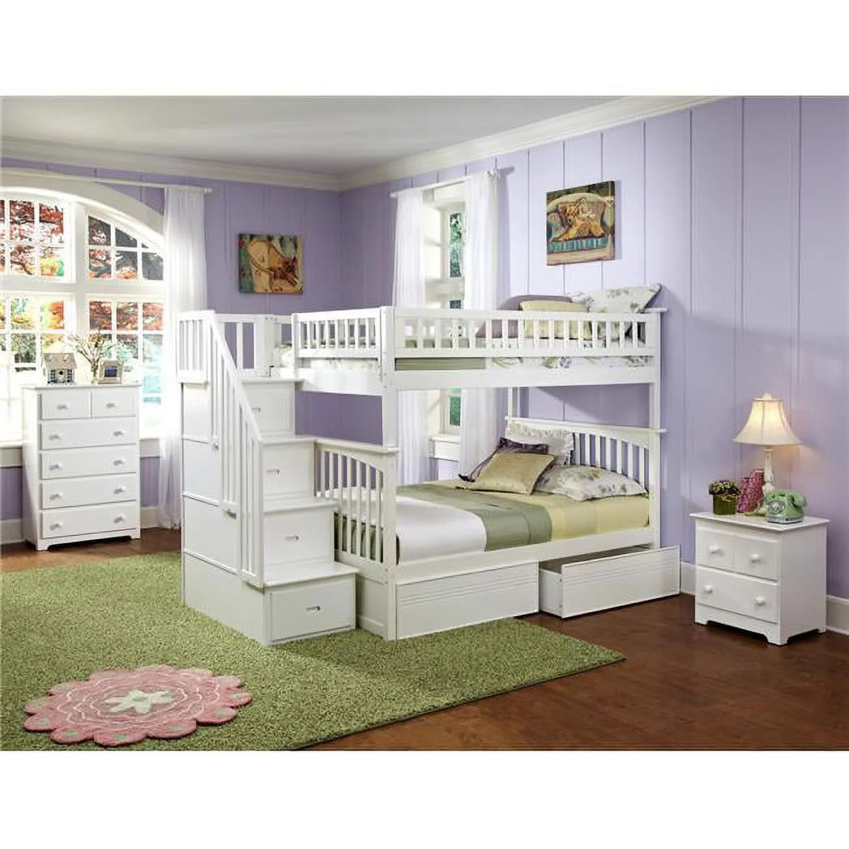 White Full Over Full Size Bunkbed with Drawers L100