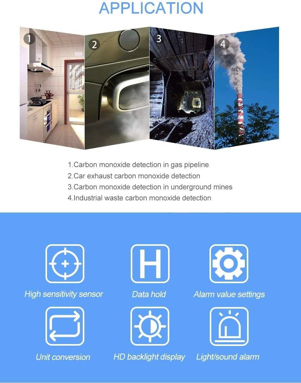 Handheld Carbon Monoxide Meter, Portable CO Gas Detector, 0～1000ppm Range, 1PPM Resolution I111