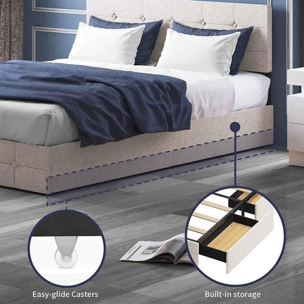 Queen Size Platform Bed Frame with 4 Storage Drawers T54504