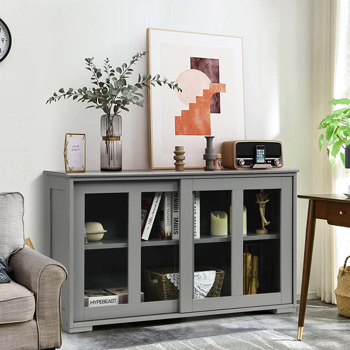 White Stackable Kitchen Sideboard with Sliding Glass Doors and Adjustable Shelf D83910