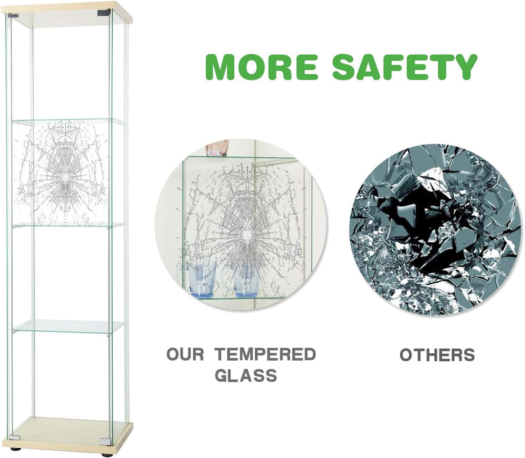 Curio Cabinet with Glass Doors 4 Shelves, 64”x 17”x 14.5”, Nature Wood C76949