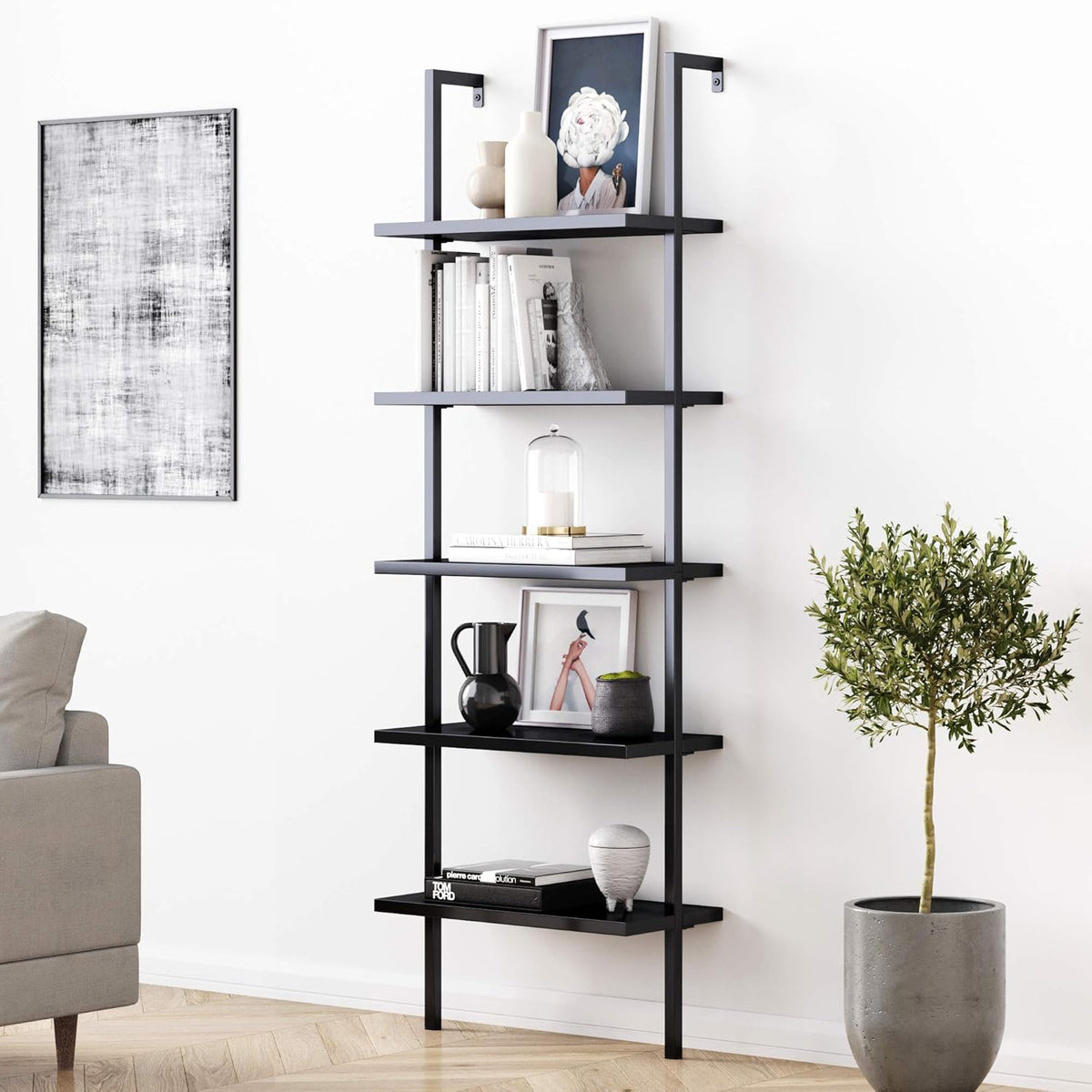 White/Gold 5-Shelf Ladder Bookcase with Metal Frame D755