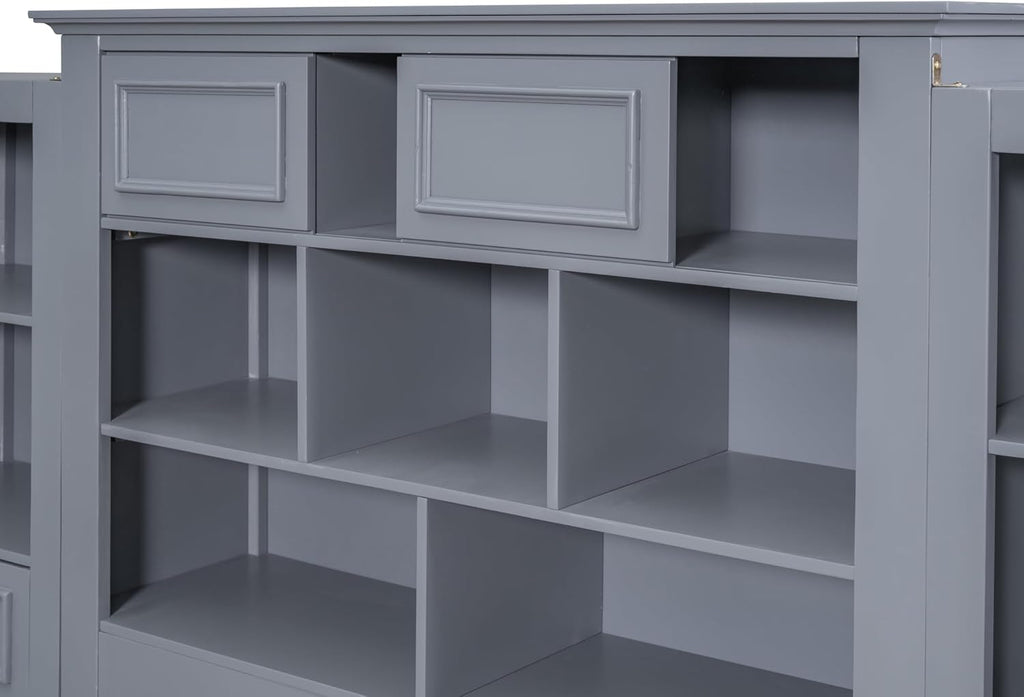 Gray Twin Size Wood Platform Bed Frame with Bookcase Headboard and 4 Drawers T1262