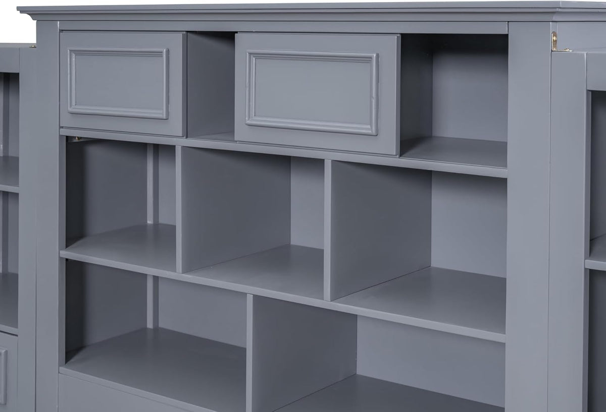 Gray Twin Size Wood Platform Bed Frame with Bookcase Headboard and 4 Drawers T1262