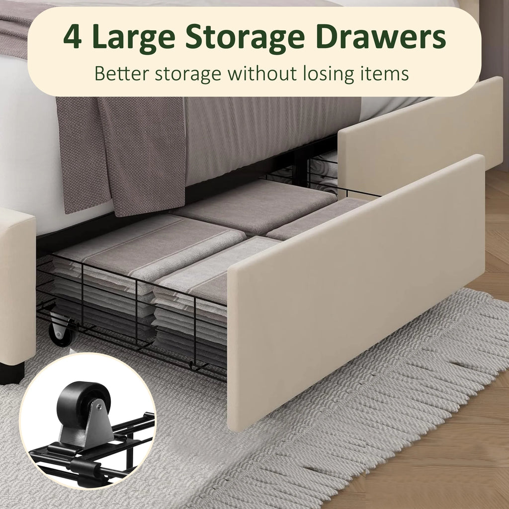 Beige Full Size Storage Bed Frame with 4 Drawers and Adjustable Headboard F734
