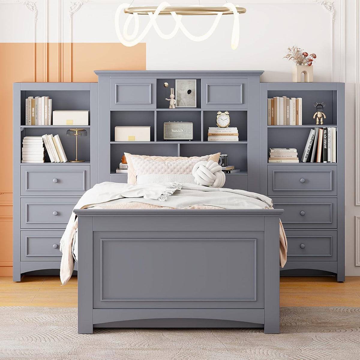 Gray Twin Size Wood Platform Bed Frame with Bookcase Headboard and 4 Drawers T1262