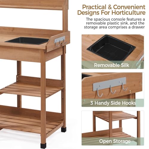 Wood Potting Bench with Sink Drawer Rack Shelves Q170756