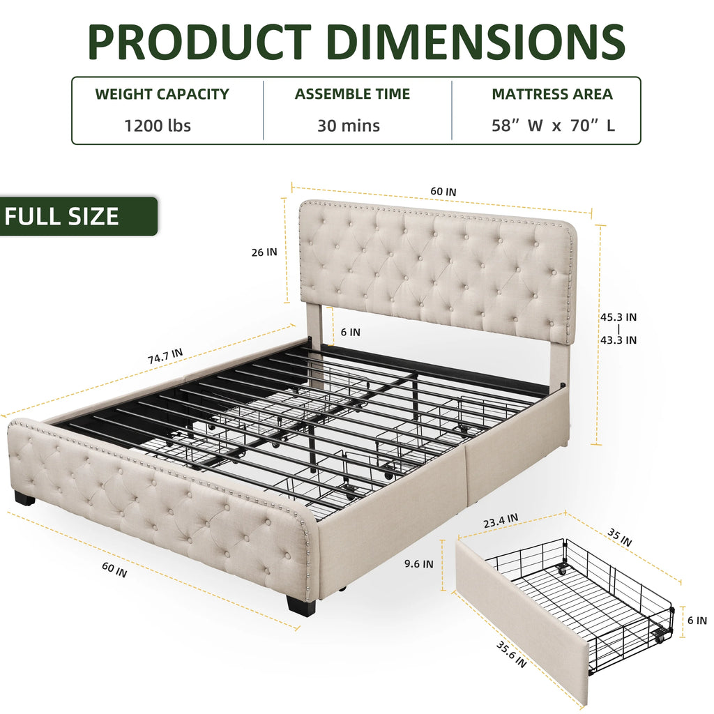 Beige Full Size Storage Bed Frame with 4 Drawers and Adjustable Headboard F734