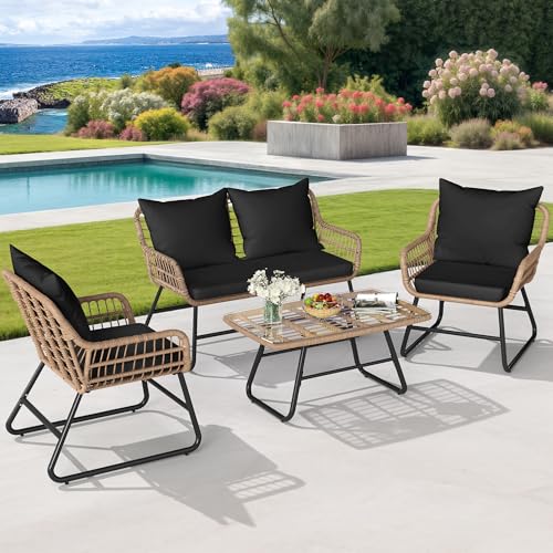 4 Piece Wicker Patio Furniture Set with Cushions and Glass Side Table G432