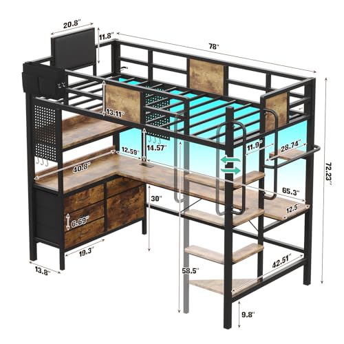 Twin Size Metal Loft Bed with Desk and 5 Drawer M70571