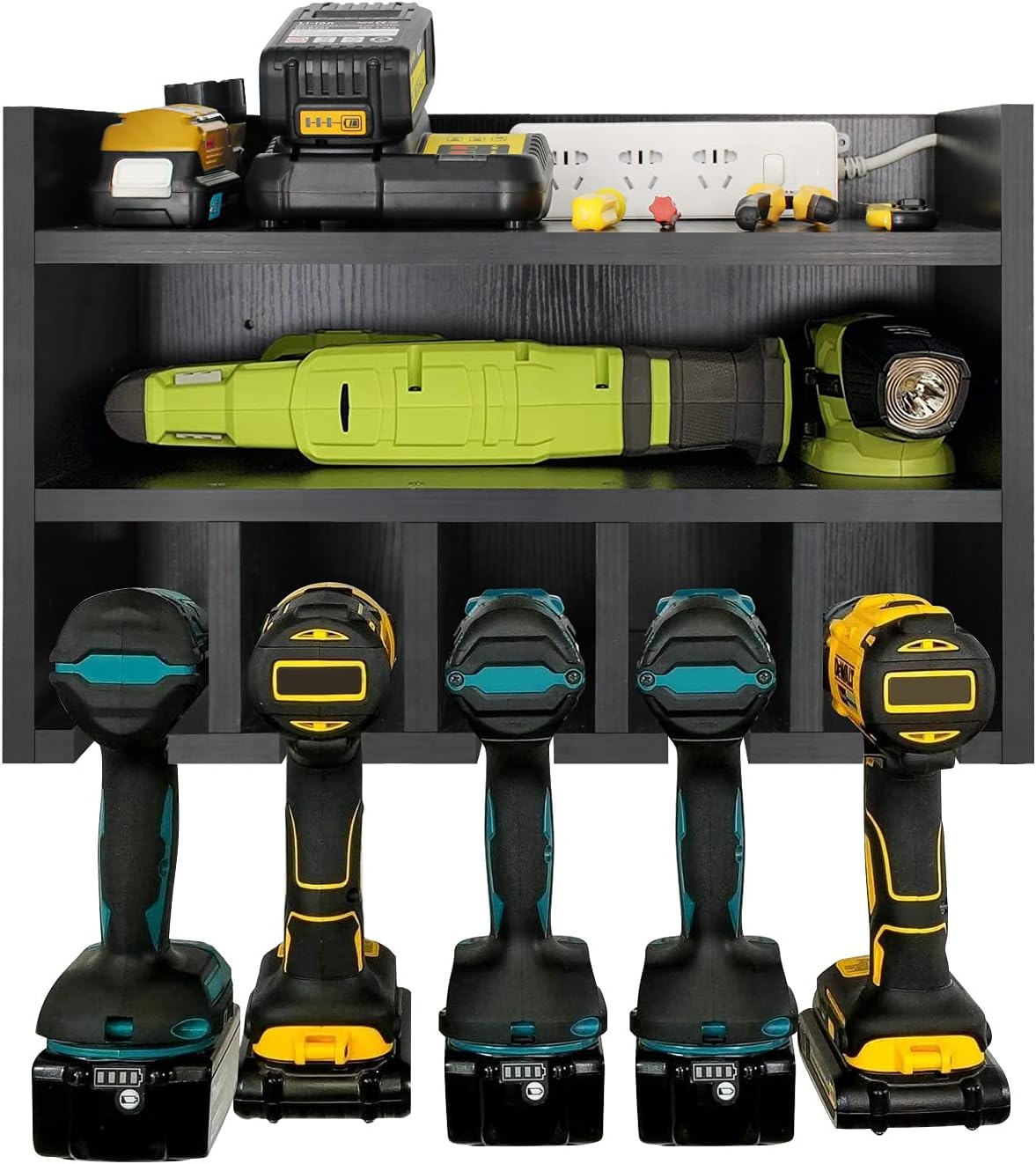 Black Pack of 2 Wooden Power Tool Organizer Wall Mount with Charging Station and 5 Hanging Slots O397