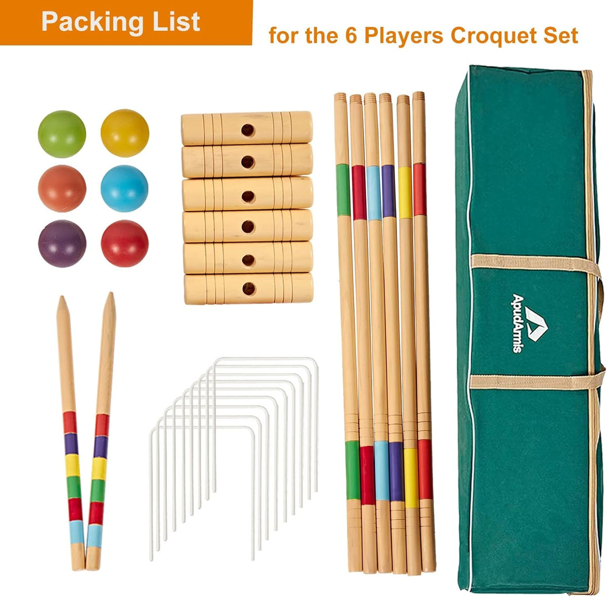 35In Six Players Croquet Set with Pine Wooden Mallets, Colored Ball, Wickets, Stakes, Large Carry Bag B318081