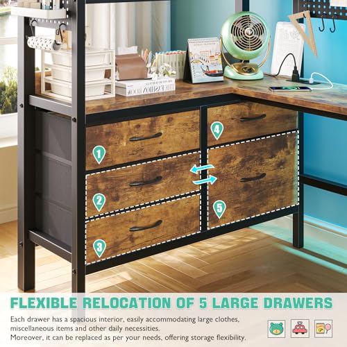 Twin Size Metal Loft Bed with Desk and 5 Drawer M70571