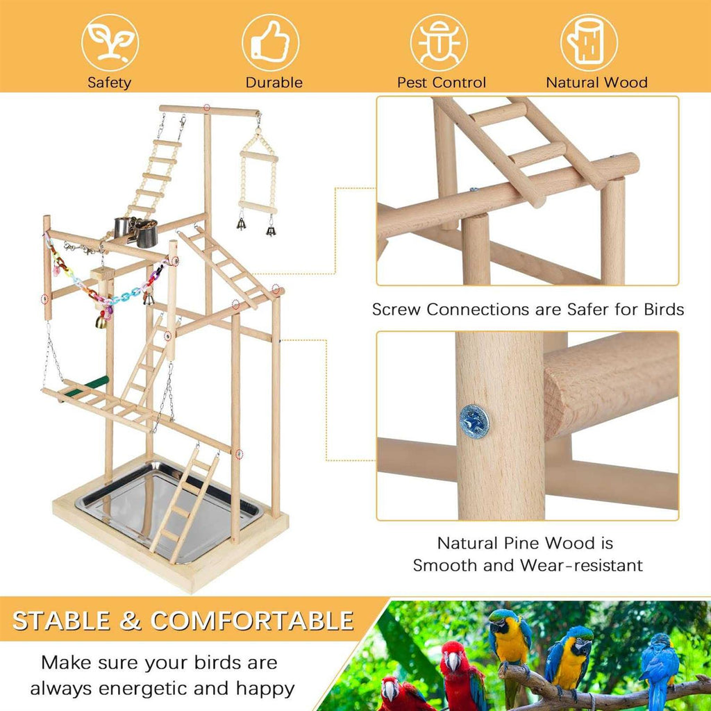 Parrot Bird Play Stand Wood Perch Gym Playpen Ladder with Feeder Cups C18194
