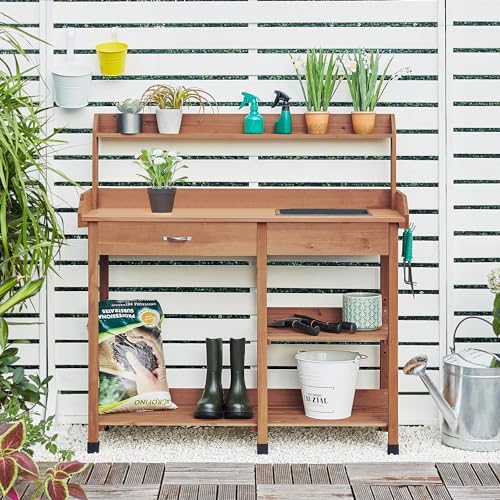 Wood Potting Bench with Sink Drawer Rack Shelves Q170756