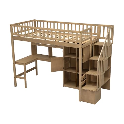 Twin Size Wood Loft Bed with Desk and Storage M4252