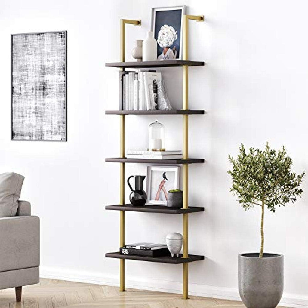 White/Gold 5-Shelf Ladder Bookcase with Metal Frame D755
