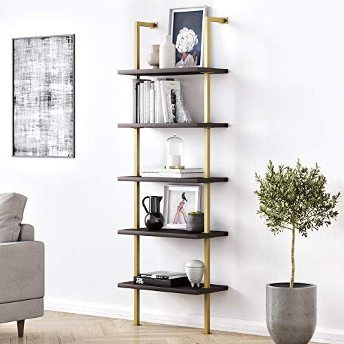 White/Gold 5-Shelf Ladder Bookcase with Metal Frame D755