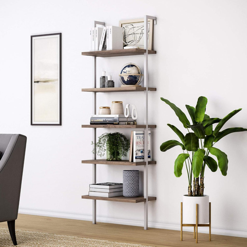 White/Gold 5-Shelf Ladder Bookcase with Metal Frame D755