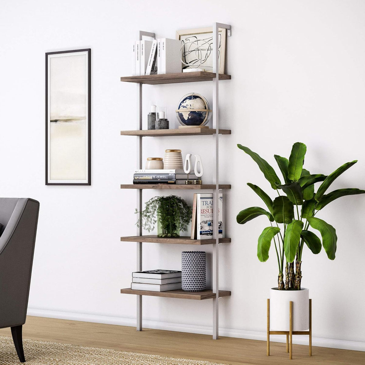 White/Gold 5-Shelf Ladder Bookcase with Metal Frame D755
