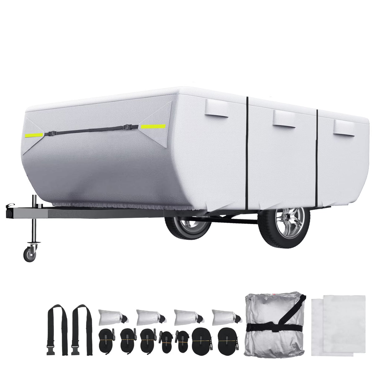 Waterproof Camper Trailer Cover Fits 10'-12' RV Cover Anti-UV with 3+2 Straps Silver Tone J54227