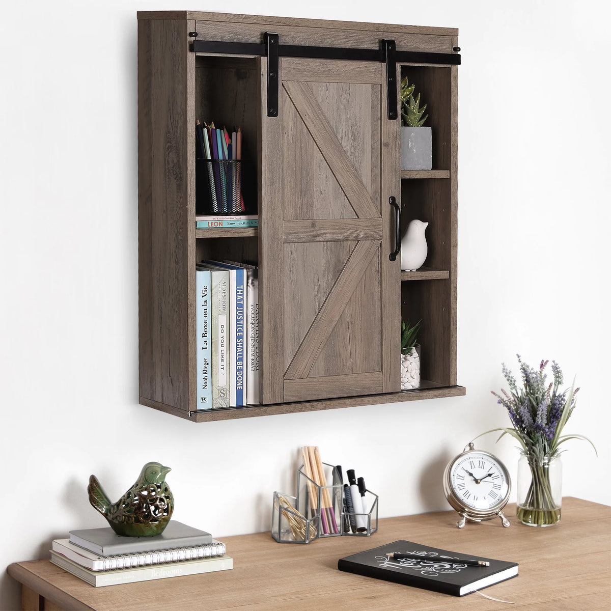 Farmhouse Wood Wall Storage Bathroom Cabinet with Sliding Barn Door, Rustic Medicine Cabinet with Adjustable Shelf, 3-Tier Vintage Cabinet, Washed Oak F1374