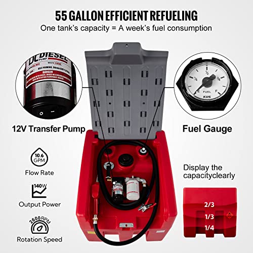 58 Gallon 10 GPM Diesel Fuel Tank with 12V Electric Transfer Pump and 13.1ft Rubber Hose Z79156