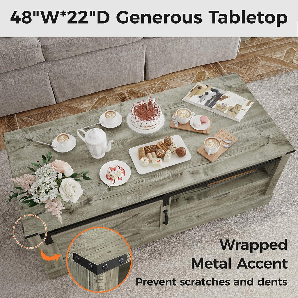 Warm Grey Rectangular Coffee Table with Storage Drawer and Sliding Barn Door D490