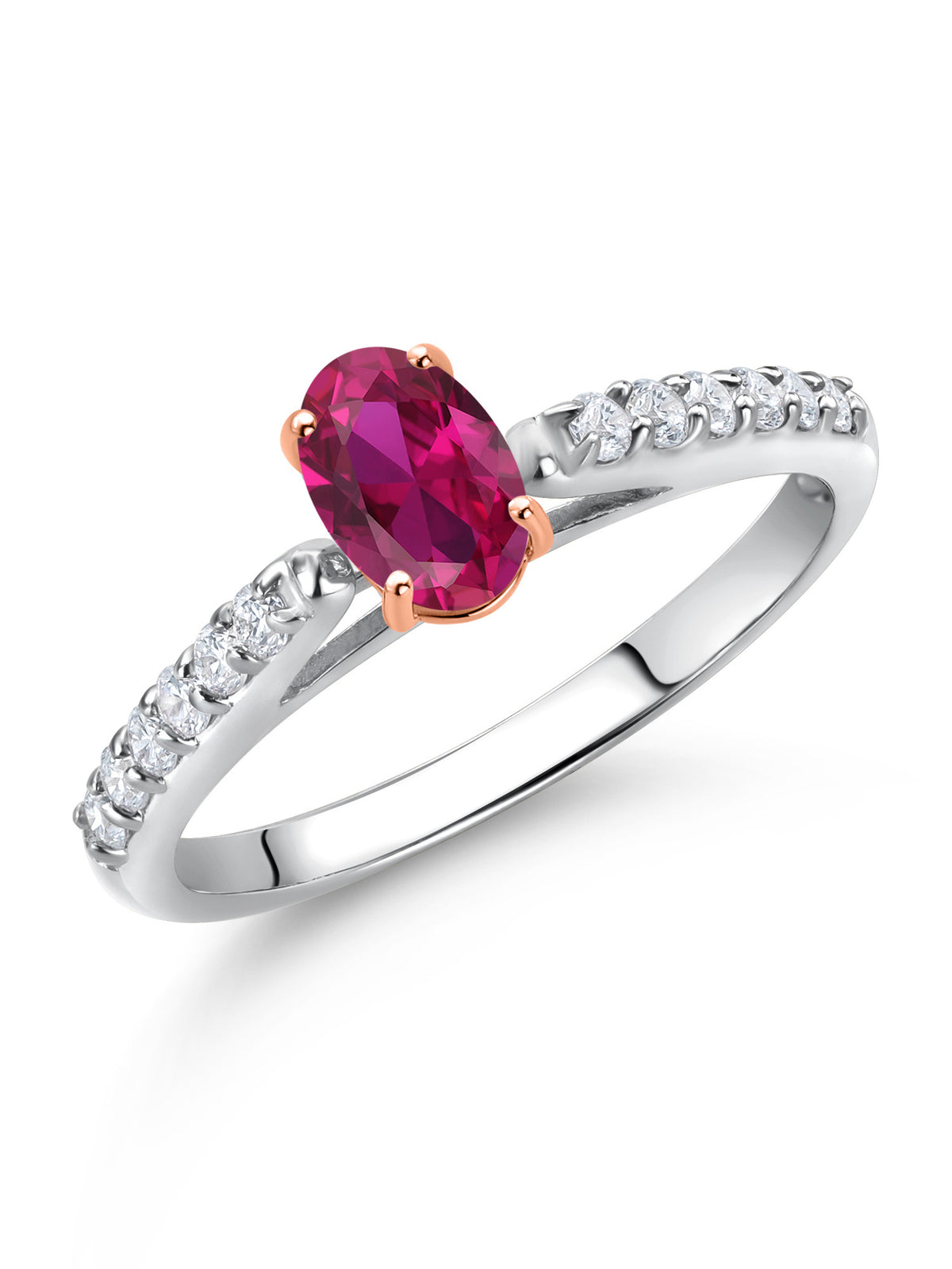 925 Silver 10K Rose Gold Red Created Ruby White Lab Grown Diamond Engagement Ring Oval 6X4MM N5052