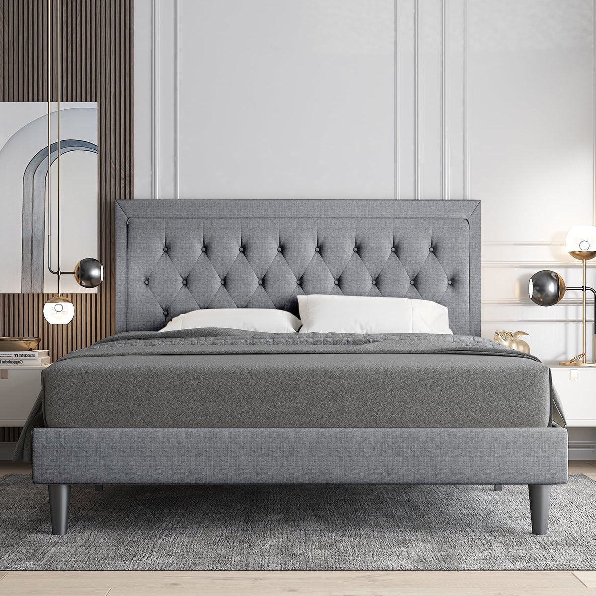 Queen Size Upholstered Platform Bed with Adjustable Headboard A8975