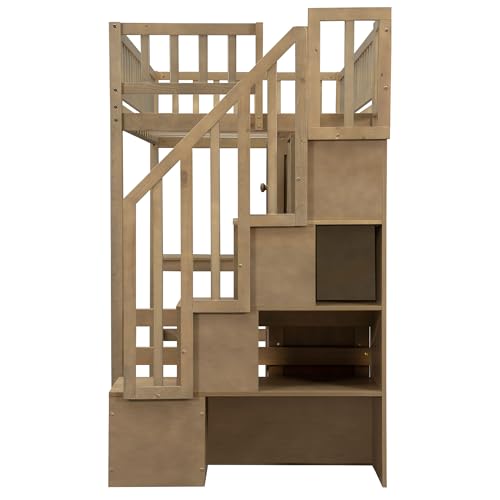 Twin Size Wood Loft Bed with Desk and Storage M4252